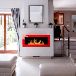 Vegghengt Biopeis - Rød -Dovre Peis Butikk Red wall mounted biofireplace with glass in the living room